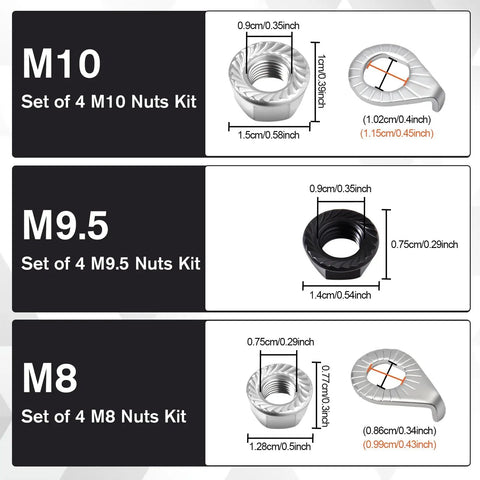24 Piece Bike Wheel Flanged Axle Nut Kit With 12 Nuts And 12 Safety Washers M8 M9.5 M10 For Front And Rear Wheel Hubs Black And Silver Bicycle Hub Parts