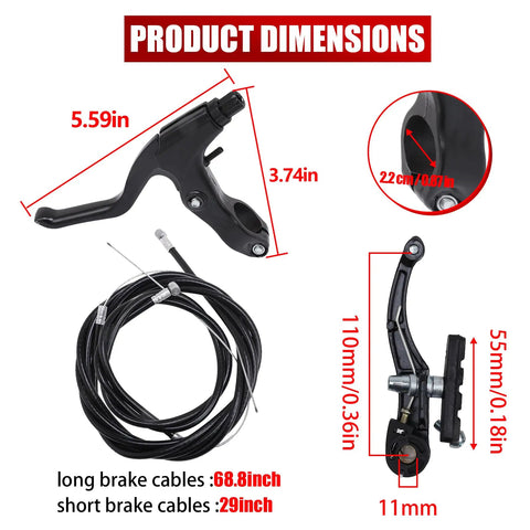 All In One V Brake Set For Mountain Bikes With Front And Rear Calipers, Inner And Outer Cables, Levers, Dimensions Shown