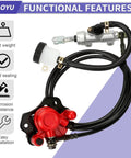 Go Kart Heavy Duty Brake Master Cylinder Caliper Assembly With 69 Inch Hydraulic Hose For 196cc KT196 GK200 Go Karts Replacement Powersports Parts And Accessories Includes Pads Bleed Air After Replacing Fluid. Image shows components with light weight, good sealing, corrosion resistance, and easy installation features.