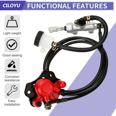 Go Kart Heavy Duty Brake Master Cylinder Caliper Assembly With 69 Inch Hydraulic Hose For 196cc KT196 GK200 Go Karts Replacement Powersports Parts And Accessories Includes Pads Bleed Air After Replacing Fluid. Image shows components with light weight, good sealing, corrosion resistance, and easy installation features.