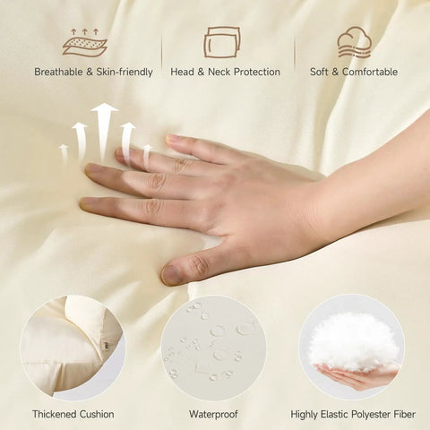 Close-up of hand touching soft cushion surface showing features like breathable skin-friendly material, waterproof, and elastic fiber