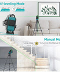 360 Degree Self Leveling Laser Level With Bluetooth Remote Control 200 Ft Outdoor Range Green Cross Line in self-leveling and manual modes.