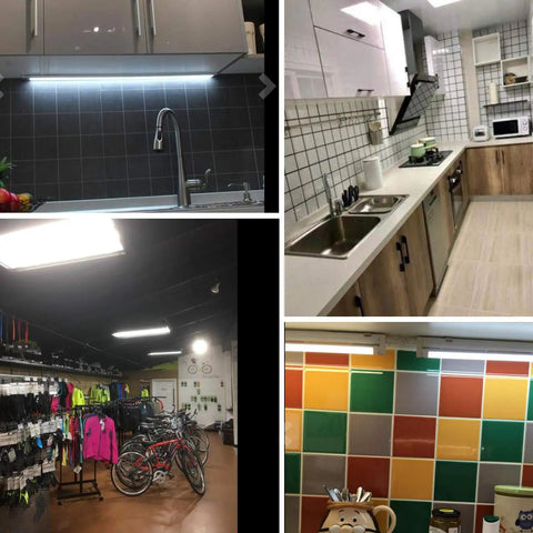 Various spaces illuminated by 2 Foot LED Light Tube Replacement For T8 T10 T12 Fluorescent Lamps 8W, kitchens to retail shops.
