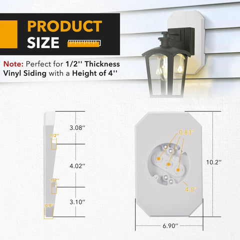 Two Pack Vinyl Siding Mounting Blocks With Built In Electrical Box For Outdoor Lights Easy Install Siding Kit Fits Half Inch Lap Double And 4 Inch White UV Resistant Textured Paintable Finish, 6.53in x 10.23in