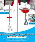 Electric hoist with dual front and side views; 1760 lb capacity, wire rope and metal hook.