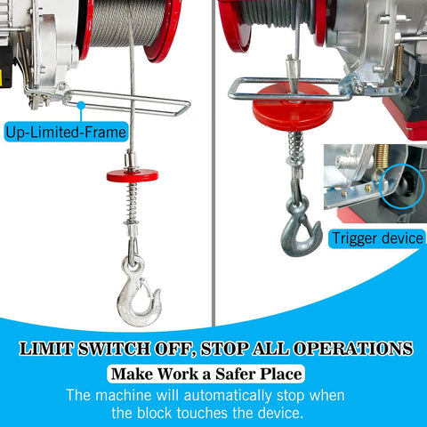 Electric hoist with dual front and side views; 1760 lb capacity, wire rope and metal hook.