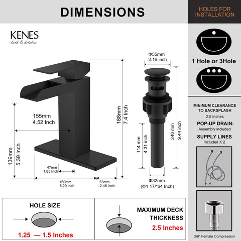 Dimensions of Dope Matte Black Waterfall Bathroom Faucet With Single Handle And Escutcheons Pop Up Drain Stopper Lead Free Water Supply Lines Model LJ-9035-2