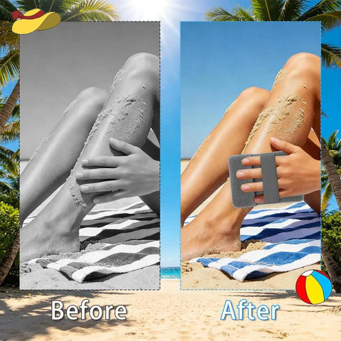 Two Pack Beach Sand Remover Mitts Soft Wipe Off Gloves for Quick Sand Cleanup, before and after removing sand from legs