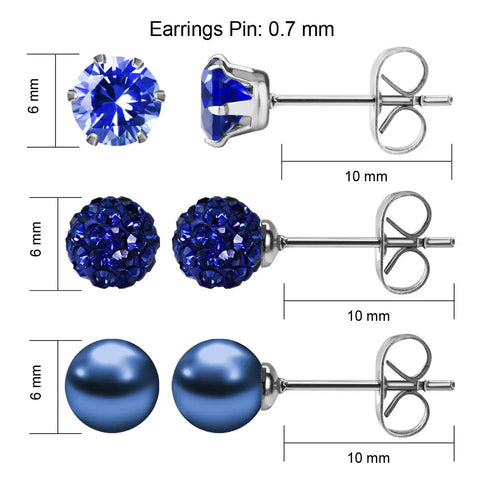 Blue Stud Earrings Set For Women, Three Pairs Featuring Sparkling Cubic Zirconia Rhinestones, Luminous Faux Pearl, And September Birthstone Bling, Stainless Steel Posts, Hypoallergenic, Perfect For Daily Wear Or Parties. 6 mm studs with 10 mm posts