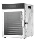 Premium Electric Food Dehydrator With Slick Dual Fan Heating On 12 Heavy Duty Stainless Steel Trays, featuring a glass front and digital controls.