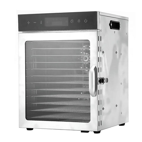 Premium Electric Food Dehydrator With Slick Dual Fan Heating On 12 Heavy Duty Stainless Steel Trays, featuring a glass front and digital controls.