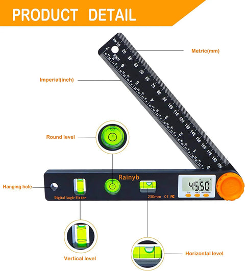 Digital Angle Finder Tool 7 Inch 0 To 360 Degree Protractor with LED Display and Bubble Levels