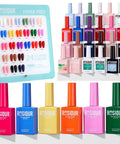 Gel Nail Polish Set With 24 Vivid Colors, 18ml Bottles, Starter Kit with swatch board showing assorted shades and bottles.