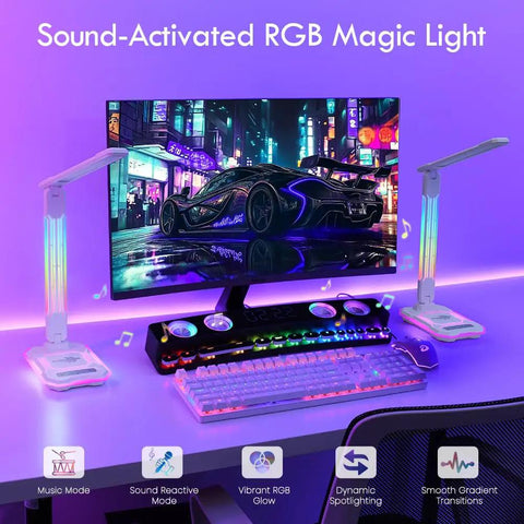Gaming Desk Lamp With Music Sync RGB Lights Wireless Charger And USB Port Aluminum Alloy Touch Lamp For PC Setup