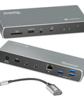 Rock Solid Thunderbolt 4 Docking Station For Mac And Windows Runs Two Monitors Like A Champ With One Hundred Watt Fast Charging, gray design, multiple ports visible.
