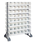 Heavy Duty Double Sided Rail System With Ninety Six Clear Storage Bins Complete Shop Setup Kit Three Feet Tall, featuring multiple clear storage bins.