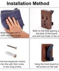 Installation steps for Heavy Duty Eight Piece Walnut Wood Wall Hooks Featuring Thickened Aluminum Support with clear visuals.