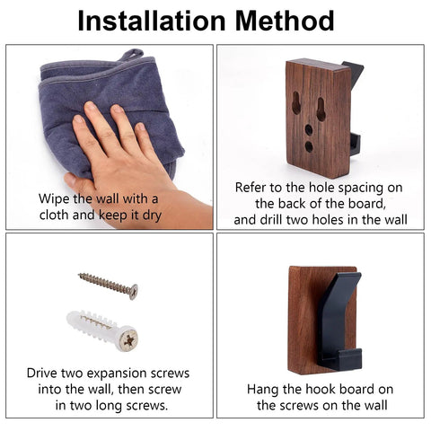 Installation steps for Heavy Duty Eight Piece Walnut Wood Wall Hooks Featuring Thickened Aluminum Support with clear visuals.