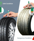 4 Pack Tire Tread Depth Gauge Set With Color Coded Readouts In 32nds Fast 3 Second Check For Cars SUVs And Trucks Easy Self Inspection Tool For Roadside Safety, showing safe vs dangerous tire conditions.