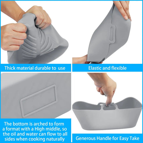 Hands holding Two Pack Air Fryer Silicone Liners Nonstick Reusable Basket Liners, showing flexibility and handle design.