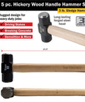 3 lb sledge hammer from 5-Piece Hammer Set With American Hickory Handles And Forged Steel Heads, showing wood handle and steel head