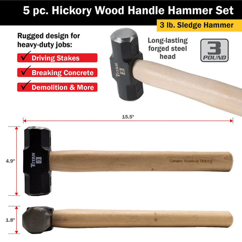 3 lb sledge hammer from 5-Piece Hammer Set With American Hickory Handles And Forged Steel Heads, showing wood handle and steel head