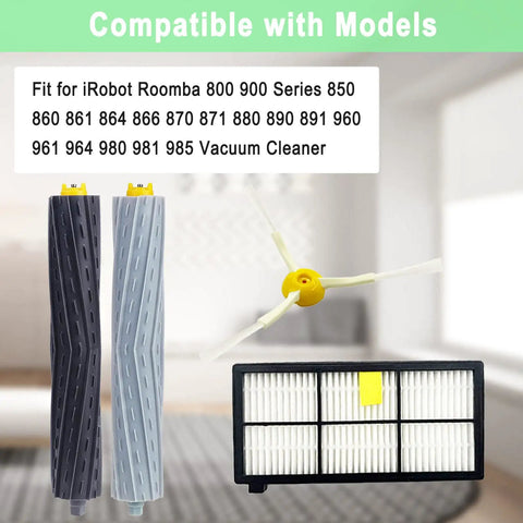 18 Pack Replacement Parts for Roomba 800 and 900 Series Vacuum Cleaners with roller brushes, side brush, and filter shown.