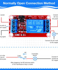 Diagram of 12V DC Relay Module With Optocoupler Isolation showing normally open connection method, Arduino PLC automotive ready