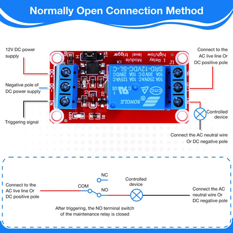Diagram of 12V DC Relay Module With Optocoupler Isolation showing normally open connection method, Arduino PLC automotive ready