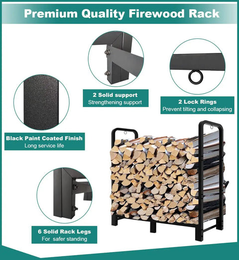 Heavy Duty 4 Foot Firewood Rack For Indoor And Outdoor Use with steel frame and log storage, black finish, detailed features displayed.
