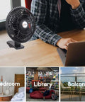 Dope Convertible 6 Inch Desk And Clip On Fan With Two Quiet Speeds For Home Office Dorm Rooms on a desk, and uses in bedroom, library, balcony.