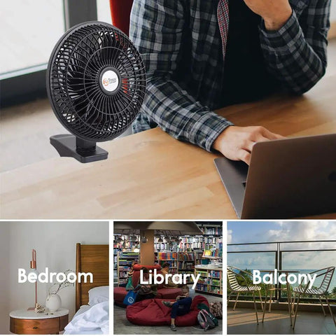 Dope Convertible 6 Inch Desk And Clip On Fan With Two Quiet Speeds For Home Office Dorm Rooms on a desk, and uses in bedroom, library, balcony.