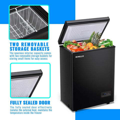 Freestanding Black Mini Chest Freezer With Precision Electronic Thermostat And Two Removable Baskets filled with food.