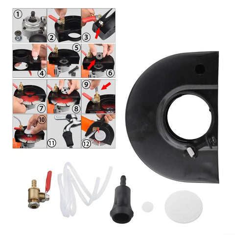 Heavy Duty Angle Grinder Shield Set With Water Pump Compatibility, steel and copper components, installation steps visible