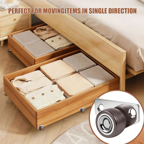 8 Pack Side Mount Rigid Caster Wheels 1 Inch Mini Fixed Low Profile Small Rubber Casters Non Marking For Furniture Slide Out Carts Under Bed Drawers DIY Projects And Tiny Trolleys installed on wooden drawers under bed.