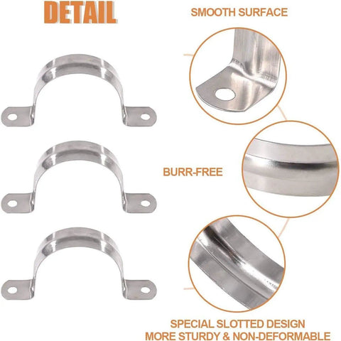 Ten Pack 4 Inch Rigid Stainless Steel Pipe Straps With Two Hole U Brackets, showing smooth surface and burr-free edges.