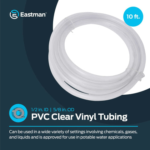 Clear PVC Vinyl Tubing Half Inch Inner Diameter Five Eighth Inch Outer Diameter Ten Foot Length coiled and labeled 10 ft.