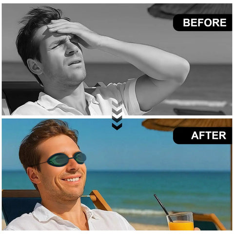 Before and after showing Tough As Nails Safety Goggles For IPL Laser LED And UV Treatments with tight silicone seal.