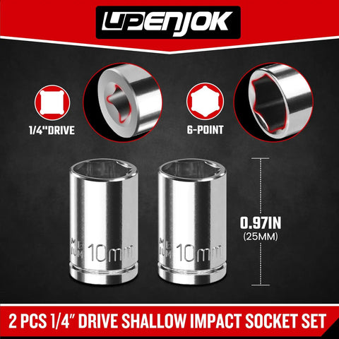 Two Piece One Quarter Inch Drive 10mm Socket Set Shallow Profile Mirror Finish CRV Steel Six Point Design For Hard to Reach Fasteners