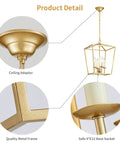Vintage Lantern Pendant Light 4 Light Chandelier In Gold For Kitchen Island Entryway Dining Room Hallway Bar Or Cafe Farmhouse Style Industrial Glow - product details including ceiling adaptor, metal frame, and E12 base socket.