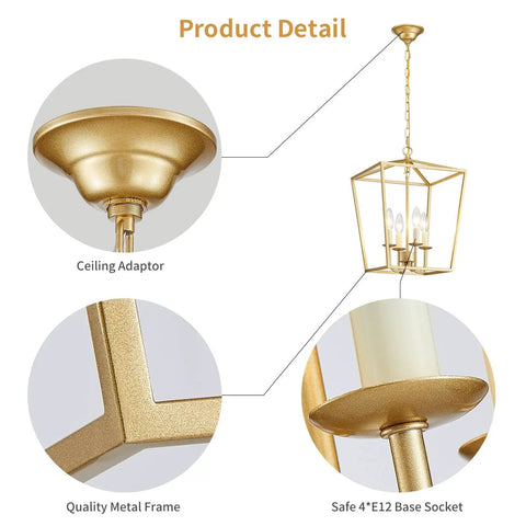 Vintage Lantern Pendant Light 4 Light Chandelier In Gold For Kitchen Island Entryway Dining Room Hallway Bar Or Cafe Farmhouse Style Industrial Glow - product details including ceiling adaptor, metal frame, and E12 base socket.