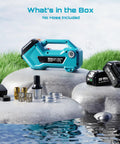 Go Anywhere Cordless Water And Diesel Transfer Pump, 760GPH Self Priming, pump accessories, dual 4000mAh batteries on rocks