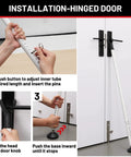 Installation steps for Heavy Duty Door Security Bar 18 To 51 Inch Adjustable Jammer with non-slip base secured to hinged door.