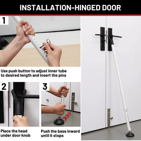 Installation steps for Heavy Duty Door Security Bar 18 To 51 Inch Adjustable Jammer with non-slip base secured to hinged door.