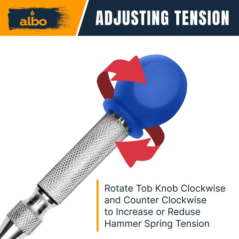 Spring Loaded Center Punch Tool 5 Inch Automatic Drill Punch handle adjusting tension with blue knob, close-up view