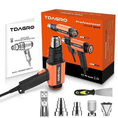 Heavy Duty 1800W Heat Gun With Variable Temperature And Two Modes, Six Nozzles, Fast Heating From 122F To 1202F, with packaging.