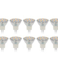 LED MR11 Flood Light Bulbs 10 Pack 12V 3W 240 Lumens 20W Halogen Replacement GU4 Bi Pin Base, arranged in two rows.
