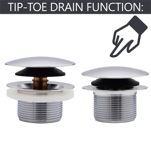 Built Tough Sch 40 Pvc Bath Waste And Overflow Assembly With Slick Illusionary Faceplate And Ada Compliant Toe Touch Drain Plug Polished Chrome showing tip-toe drain function.