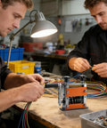 Two electricians using a Heavy Duty Aluminum Wire Stripper Machine With Six Adjustable Holes For Stripping Copper And Aluminum Cables.