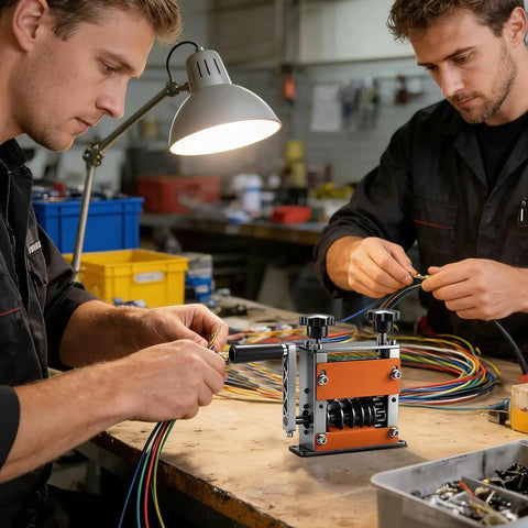 Two electricians using a Heavy Duty Aluminum Wire Stripper Machine With Six Adjustable Holes For Stripping Copper And Aluminum Cables.